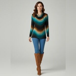 B.L.E.U Cowl Neck Long Sleeve Top Jewel Tone Ombre Teal Brown